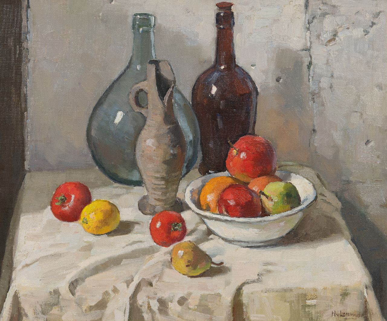 Leeuwen H. van | Hendrik 'Henk' van Leeuwen | Schilderijen te koop aangeboden | Stilleven met flessen en fruit, olieverf op doek 50,1 x 60,2 cm, gesigneerd rechtsonder