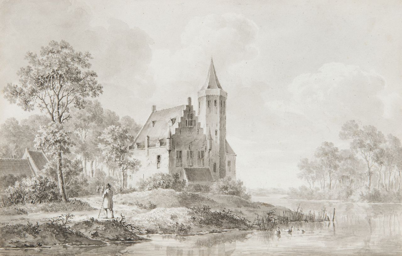 Koekkoek B.C.  | Barend Cornelis Koekkoek, Reizigers bij een kasteel op de rivieroever, gewassen inkt op papier 18,0 x 27,5 cm
