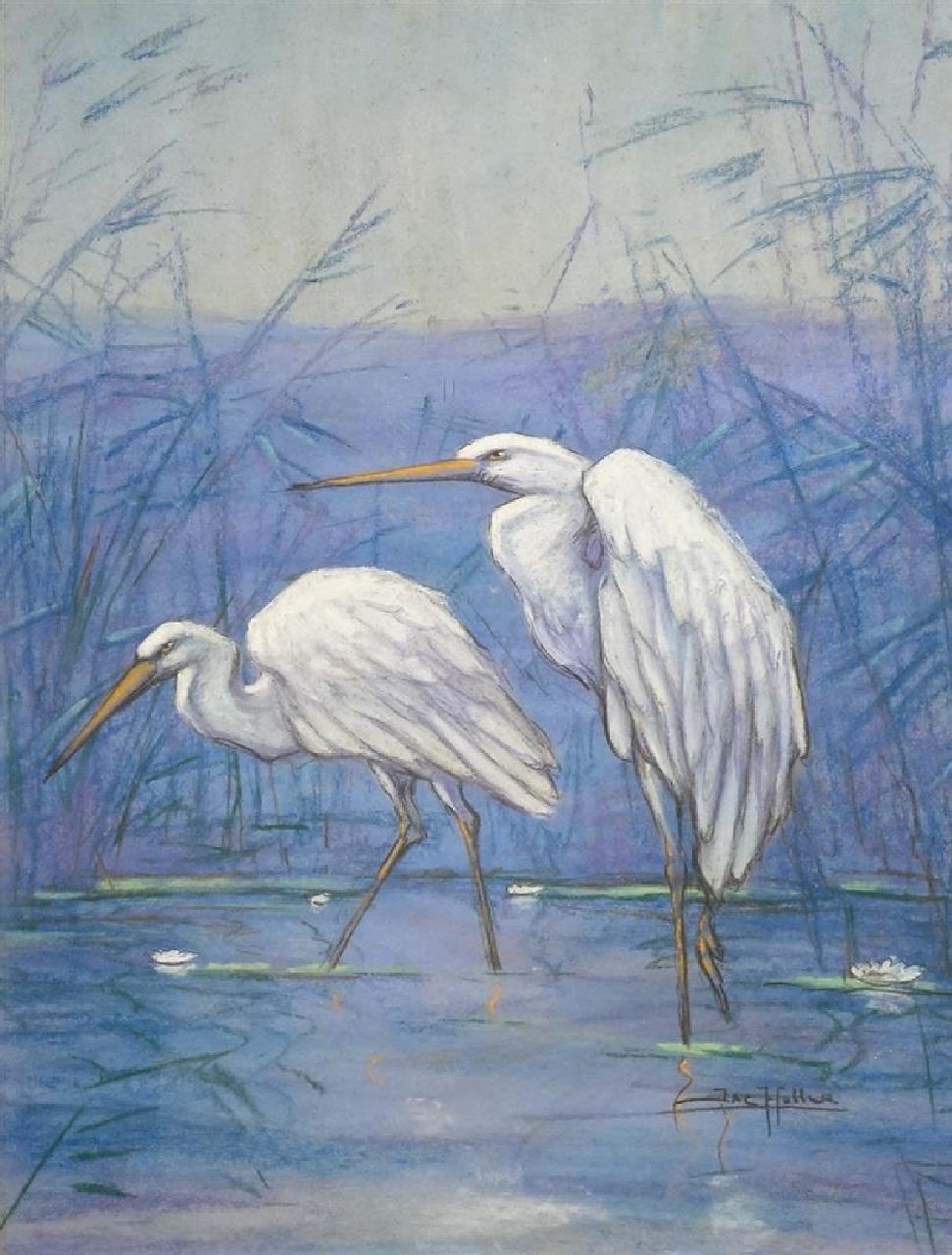 Klein Sprokkelhorst A. | Albert Klein Sprokkelhorst | Aquarellen en tekeningen te koop aangeboden | Kraanvogels, pastel op papier 49,5 x 39,0 cm, gesigneerd rechtsonder 'Jac Huller' Klein Sprokkelhorst A. | Albert Klein Sprokkelhorst | Aquarellen en tekeningen te koop aangeboden | Kraanvogels, pastel op papier 49,5 x 39,0 cm, gesigneerd rechtsonder 'Jac Huller'