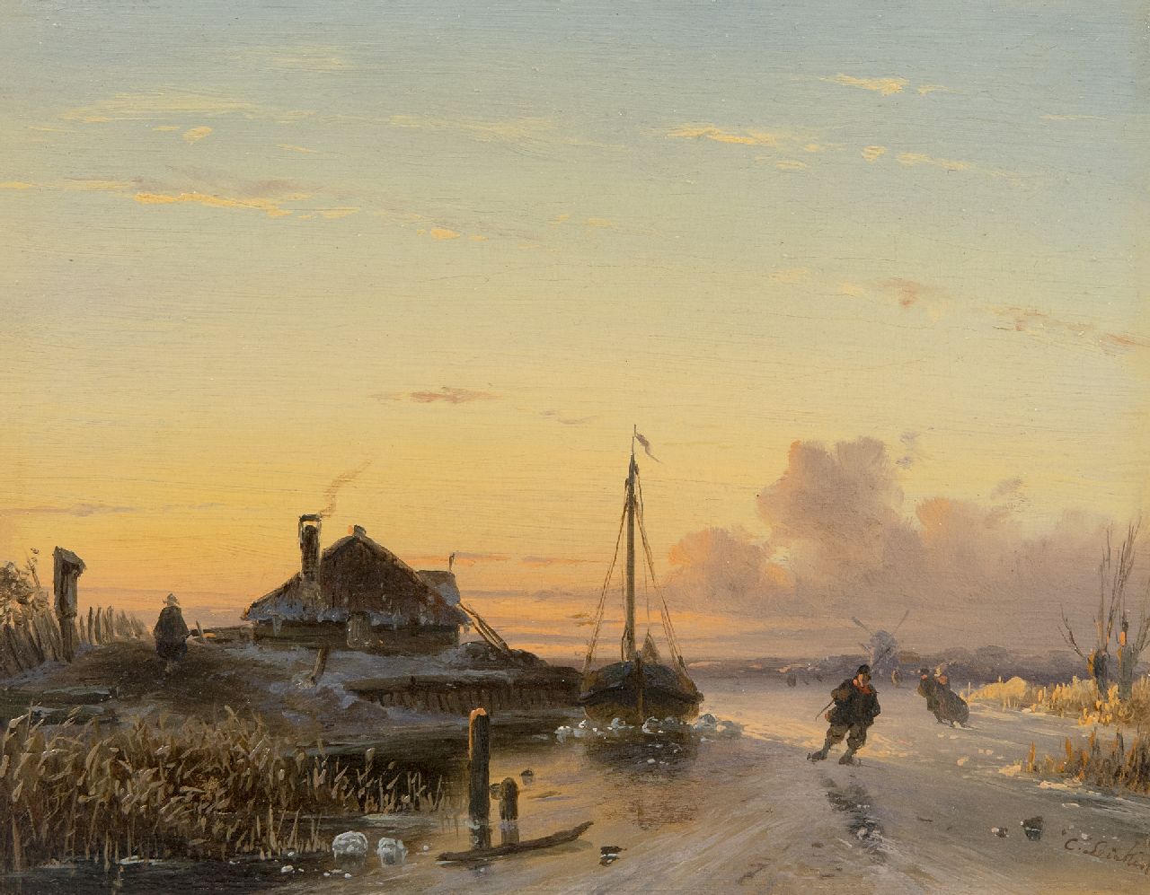 Leickert C.H.J.  | 'Charles' Henri Joseph Leickert | Schilderijen te koop aangeboden | Schaatsers op het ijs bij ondergaande zon., olieverf op paneel 17,0 x 21,0 cm, gesigneerd rechtsonder en te dateren ca. 1850