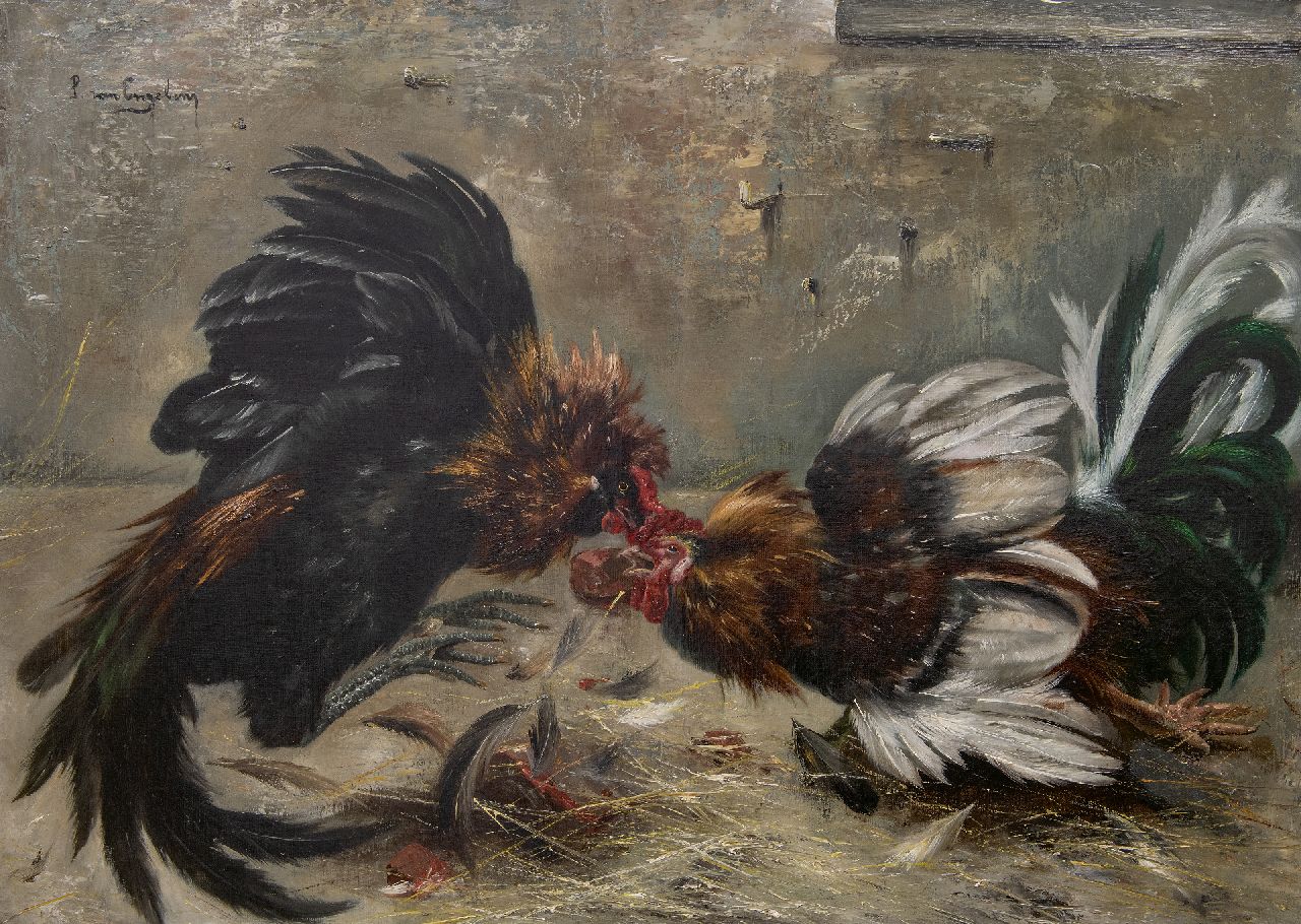 Engelen P. van | Piet van Engelen | Schilderijen te koop aangeboden | Vechtende hanen, olieverf op doek 77,6 x 107,8 cm, gesigneerd linksboven