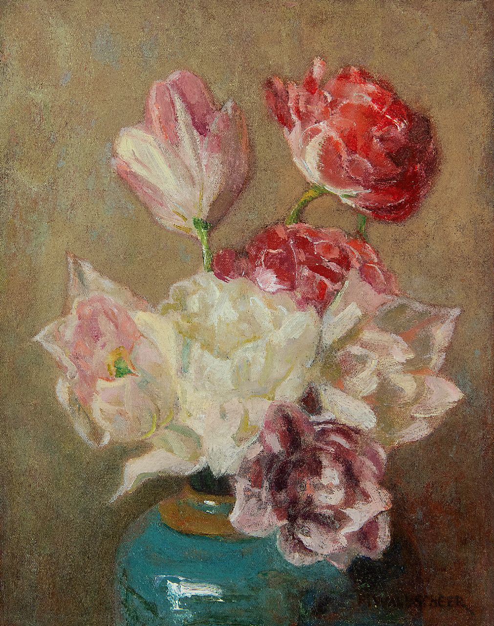 Wandscheer M.W.  | Maria Wilhelmina 'Marie' Wandscheer, Dubbele tulpen in gemberpot, olieverf op doek 30,0 x 23,8 cm, gesigneerd rechtsonder