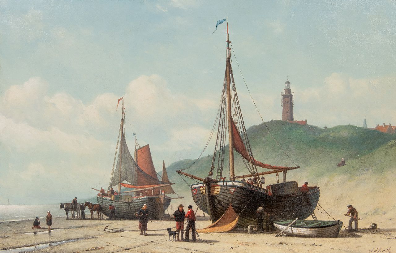 Rust J.A.  | Johan 'Adolph' Rust | Schilderijen te koop aangeboden | Visserspinken op het strand, olieverf op doek 65,0 x 100,3 cm, gesigneerd rechtsonder