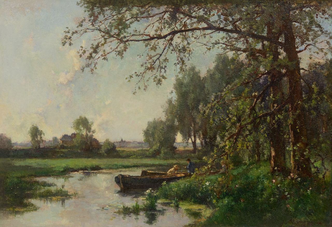 Akkeringa J.E.H.  | 'Johannes Evert' Hendrik Akkeringa | Schilderijen te koop aangeboden | Landschap met twee vissers in een bootje, olieverf op doek 46,4 x 67,4 cm, gesigneerd rechtsonder