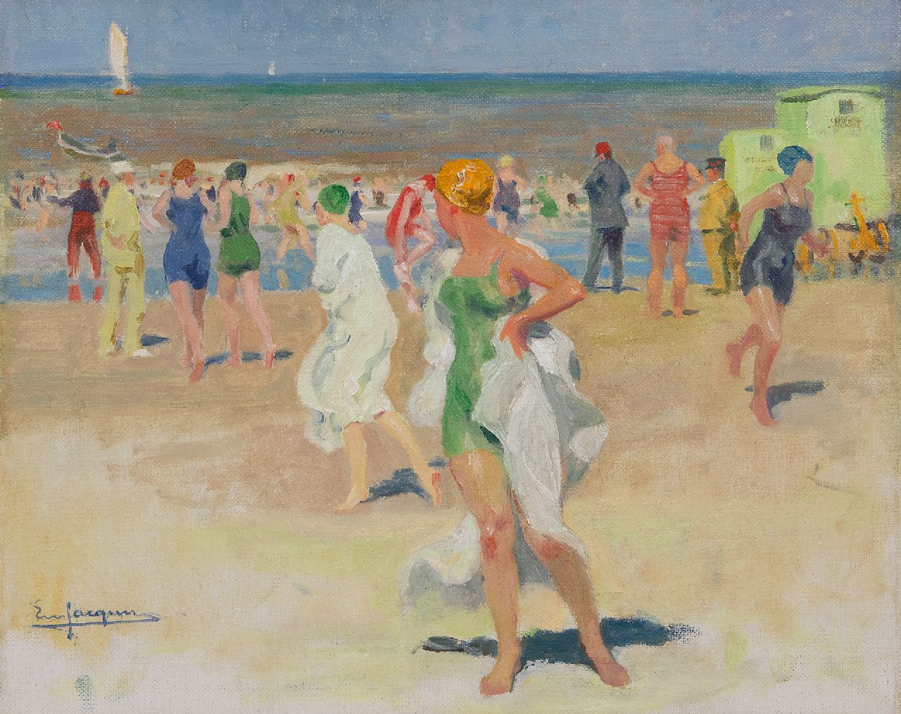 Jacques E.  | Emile Jacques | Schilderijen te koop aangeboden | Strandgezicht met badgasten, olieverf op doek 34,1 x 41,3 cm, gesigneerd linksonder