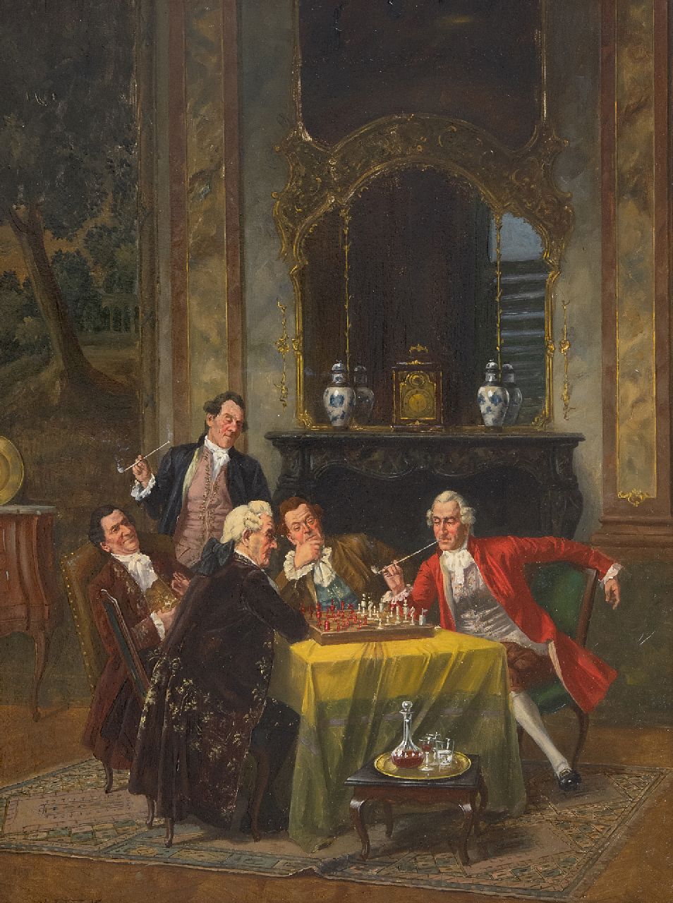 Franke A.J.  | Albert Joseph Franke | Schilderijen te koop aangeboden | Een spannende schaakpartij, olieverf op paneel 40,1 x 29,6 cm, gesigneerd linksonder