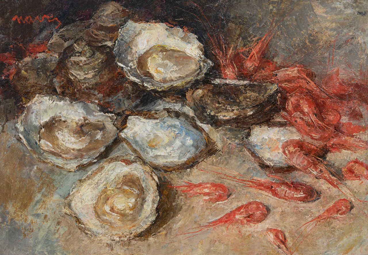 Navez A.  | Arthur Navez | Schilderijen te koop aangeboden | Stilleven van oesters en garnalen, olieverf op doek 35,0 x 50,2 cm, gesigneerd linksboven