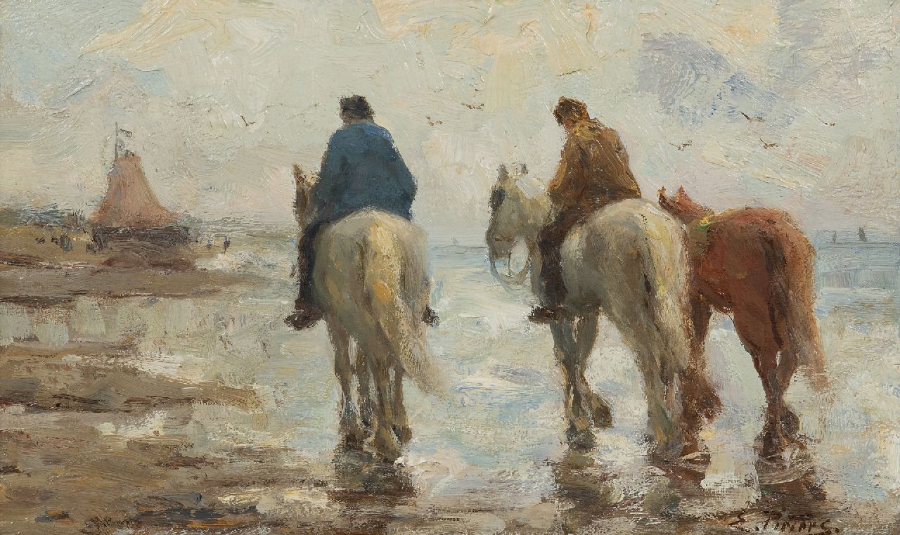 Pieters E.  | Evert Pieters | Schilderijen te koop aangeboden | Strandgezicht met paarden, Katwijk, olieverf op paneel 24,0 x 39,0 cm, gesigneerd rechtsonder