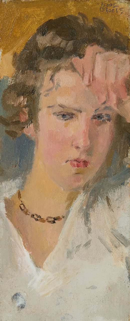 Israels I.L.  | 'Isaac' Lazarus Israels, Portret van een jonge vrouw, olieverf op paneel 23,0 x 9,5 cm, gesigneerd rechtsboven en te dateren ca. 1910-1915