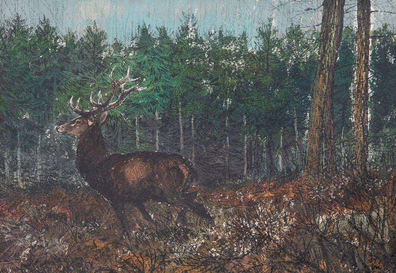 Rien Poortvliet | Hert in het bos, acryl op papier, 29,4 x 41,9 cm, gesigneerd r.o.