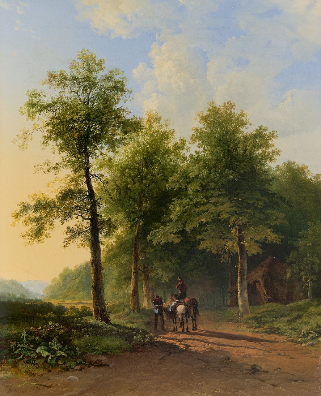 Bodeman W.  | Willem Bodeman | Schilderijen te koop aangeboden | Landschap met landvolk en paarden op een late zomerdag, olieverf op doek 67,2 x 54,6 cm, gesigneerd linksonder en gedateerd 1832