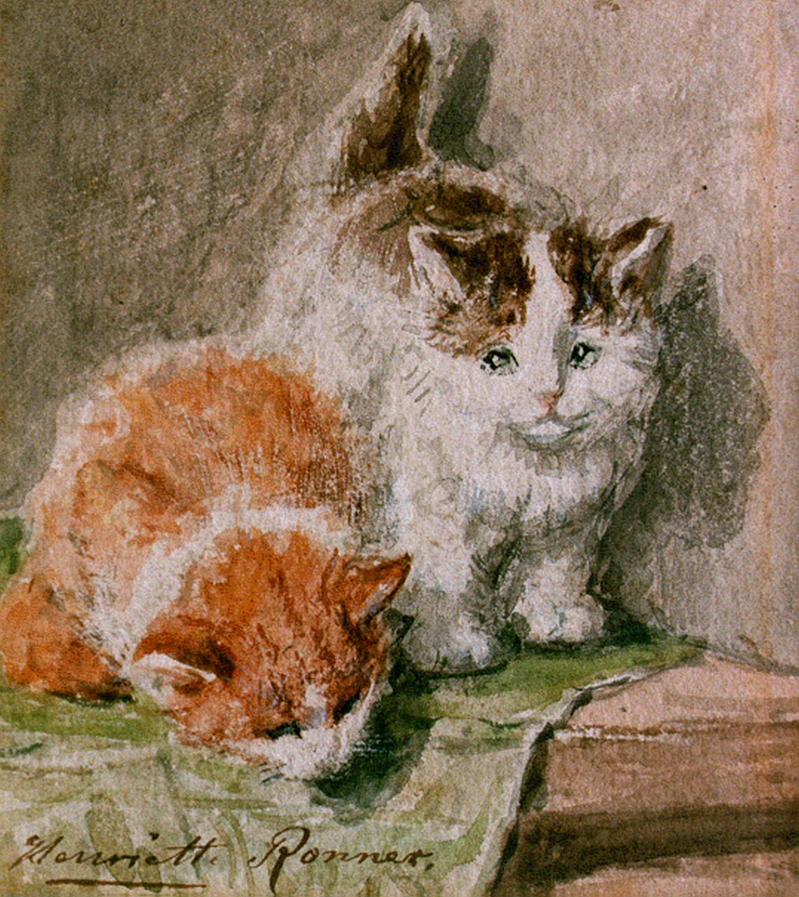 Ronner-Knip H.  | Henriette Ronner-Knip, Twee katjes op een tafel, aquarel op papier 11,5 x 9,5 cm, gesigneerd linksonder