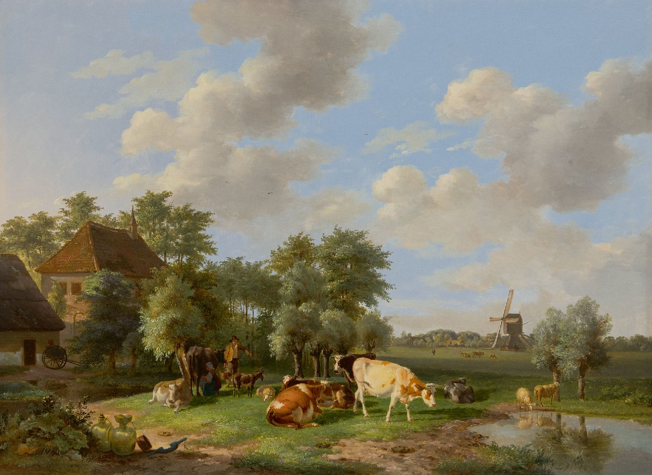 Lebret F.  | Frans Lebret | Schilderijen te koop aangeboden | Melktijd op de boerderij, olieverf op paneel 52,3 x 70,8 cm, gesigneerd rechtsonder met initialen
