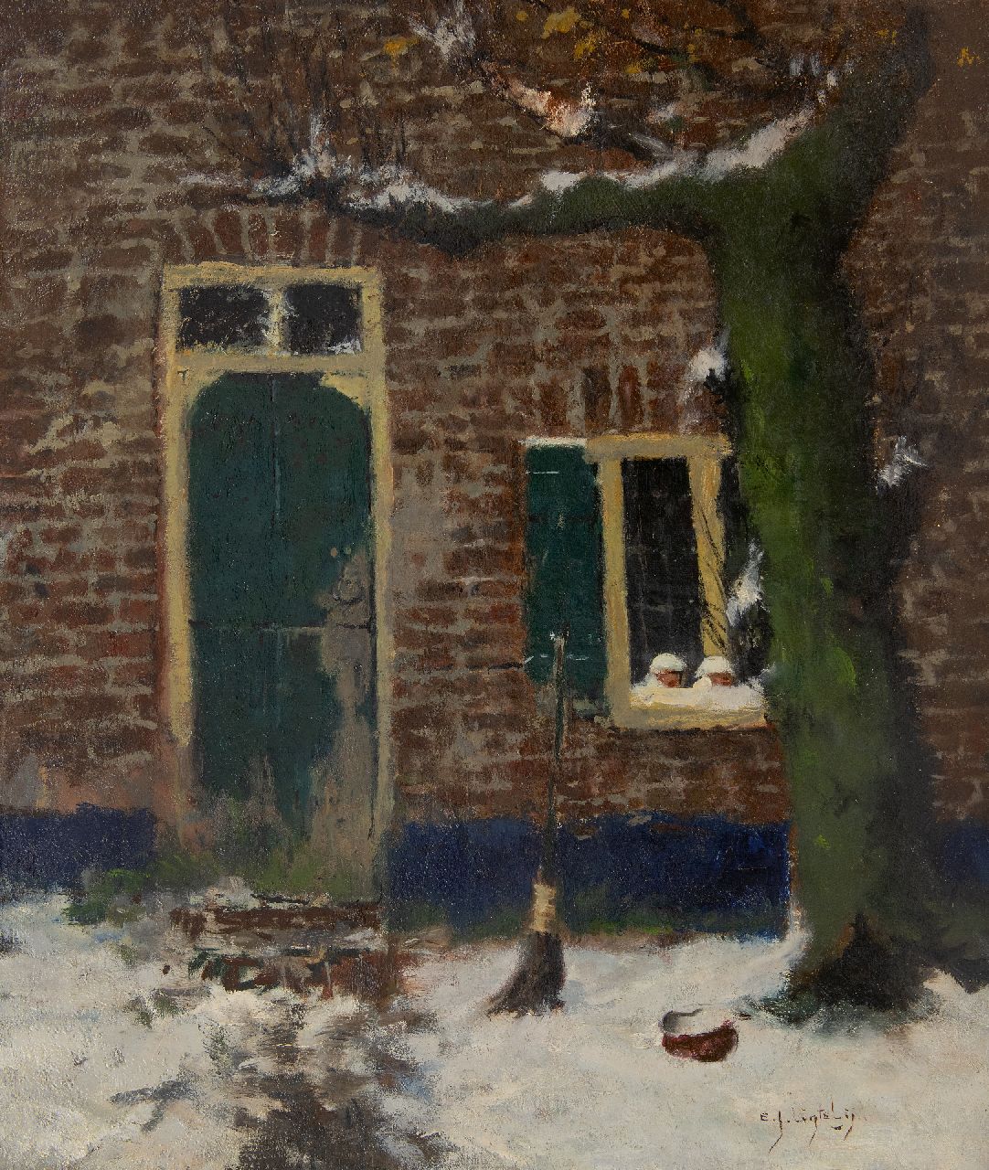 Ligtelijn E.J.  | Evert Jan Ligtelijn | Schilderijen te koop aangeboden | Achtererfje in de sneeuw, olieverf op doek 60,3 x 50,3 cm, gesigneerd rechtsonder en zonder lijst