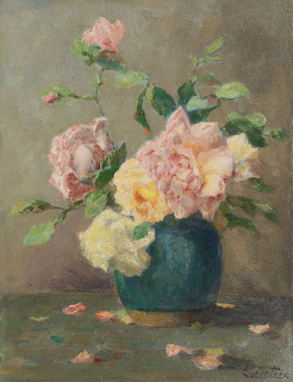 Pieters E.  | Evert Pieters | Schilderijen te koop aangeboden | Gemberpot met rozen, olieverf op paneel 40,9 x 31,7 cm, gesigneerd rechtsonder