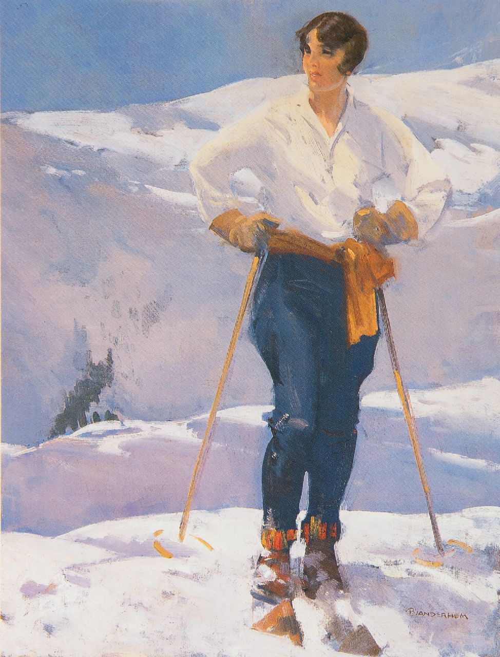 Hem P. van der | Pieter 'Piet' van der Hem, Jonge vrouw op ski's, olieverf op doek 64,5 x 50,0 cm, gesigneerd rechtsonder en te dateren jaren 20