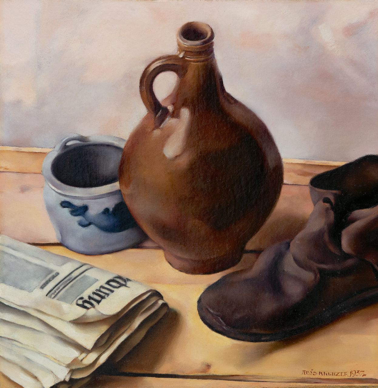 Aloys Johann Kreuzer | Stilleven met kruik, krant en een schoen, olieverf op doek op board, 49,6 x 45,8 cm, gesigneerd r.o. en gedateerd 1937