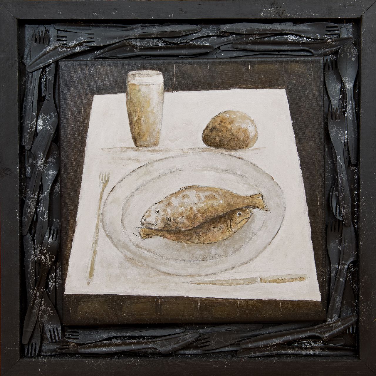 Hemert E. van | Evert van Hemert, Het kunstenaarsontbijt, acryl op doek 57,0 x 57,0 cm, gesigneerd rechtsonder op mes met monogram en gedateerd MMXVII