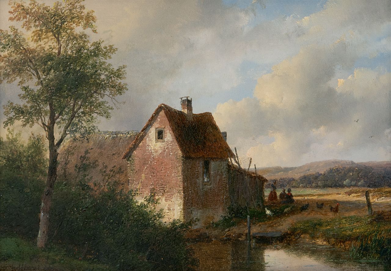 Schelfhout A.  | Andreas Schelfhout, Landschap met boerderij, olieverf op paneel 20,5 x 28,5 cm, gesigneerd linksonder en gedateerd 1866