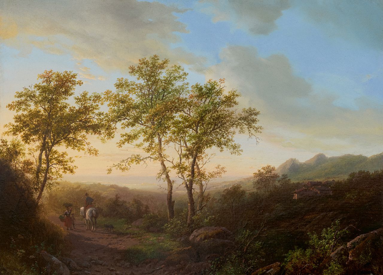 Bodeman W.  | Willem Bodeman | Schilderijen te koop aangeboden | Heuvelachtig landschap bij avondschemering, olieverf op paneel 38,6 x 52,0 cm, gesigneerd rechtsonder