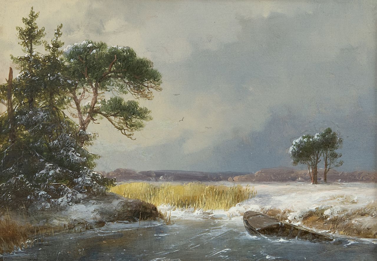 Schelfhout A.  | Andreas Schelfhout, Besneeuwd winterlandschap, olieverf op paneel 13,7 x 19,5 cm, gesigneerd linksonder en gedateerd 1857