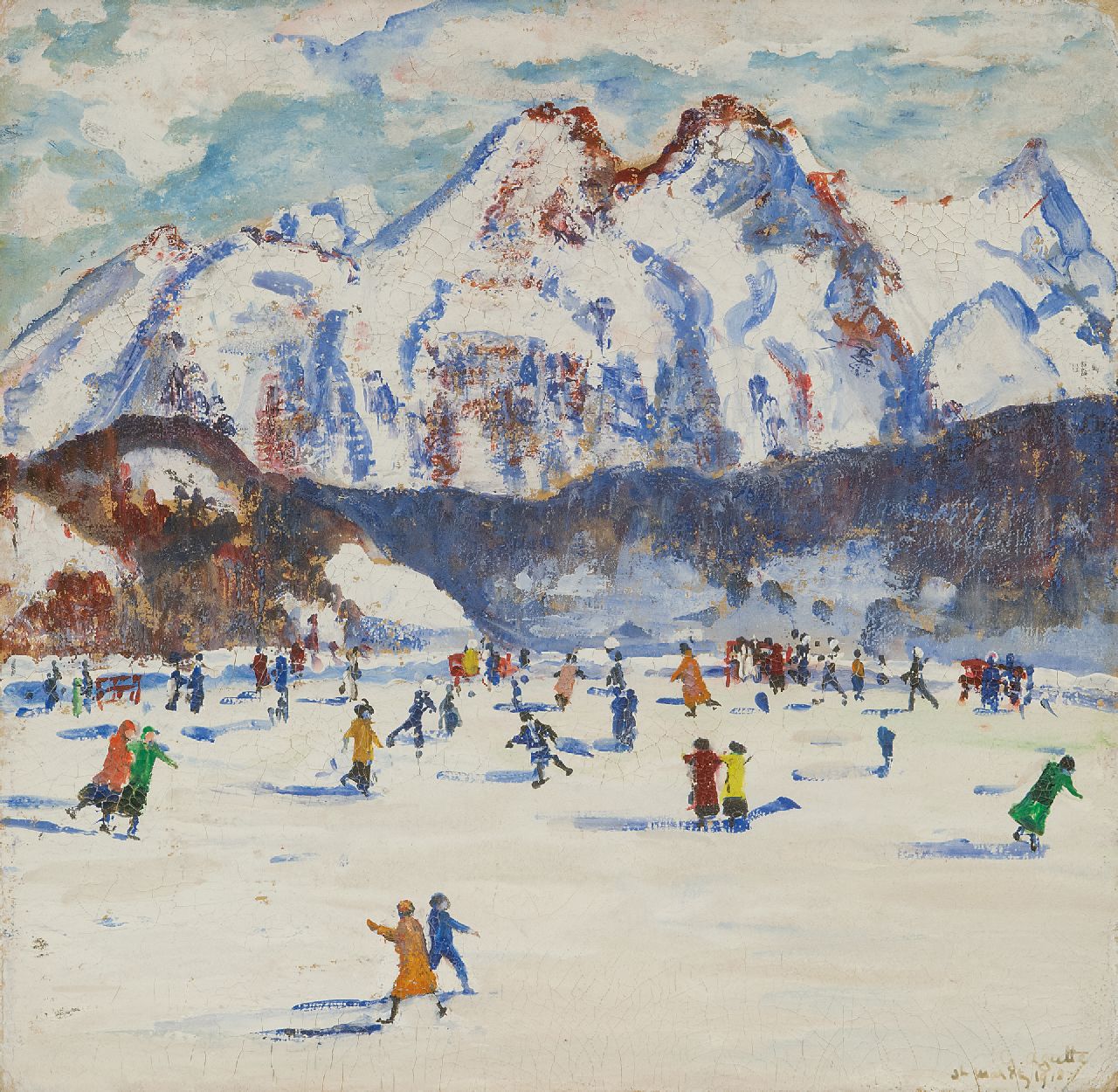 Agutte G.  | Georgette Agutte, Schaatsen in St. Moritz, gouache op board 23,5 x 24,3 cm, gesigneerd rechtsonder en gedateerd 'St. Moritz 1918'