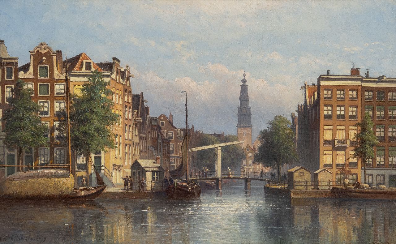 Hilverdink E.A. | Eduard Alexander Hilverdink, Gezicht op de Groenburgwal in Amsterdam, gezien vanaf de Amstel, olieverf op doek 29,5 x 46,7 cm, gesigneerd linksonder en gedateerd '79 Hilverdink E.A. | Eduard Alexander Hilverdink, Gezicht op de Groenburgwal in Amsterdam, gezien vanaf de Amstel, olieverf op doek 29,5 x 46,7 cm, gesigneerd linksonder en gedateerd '79
