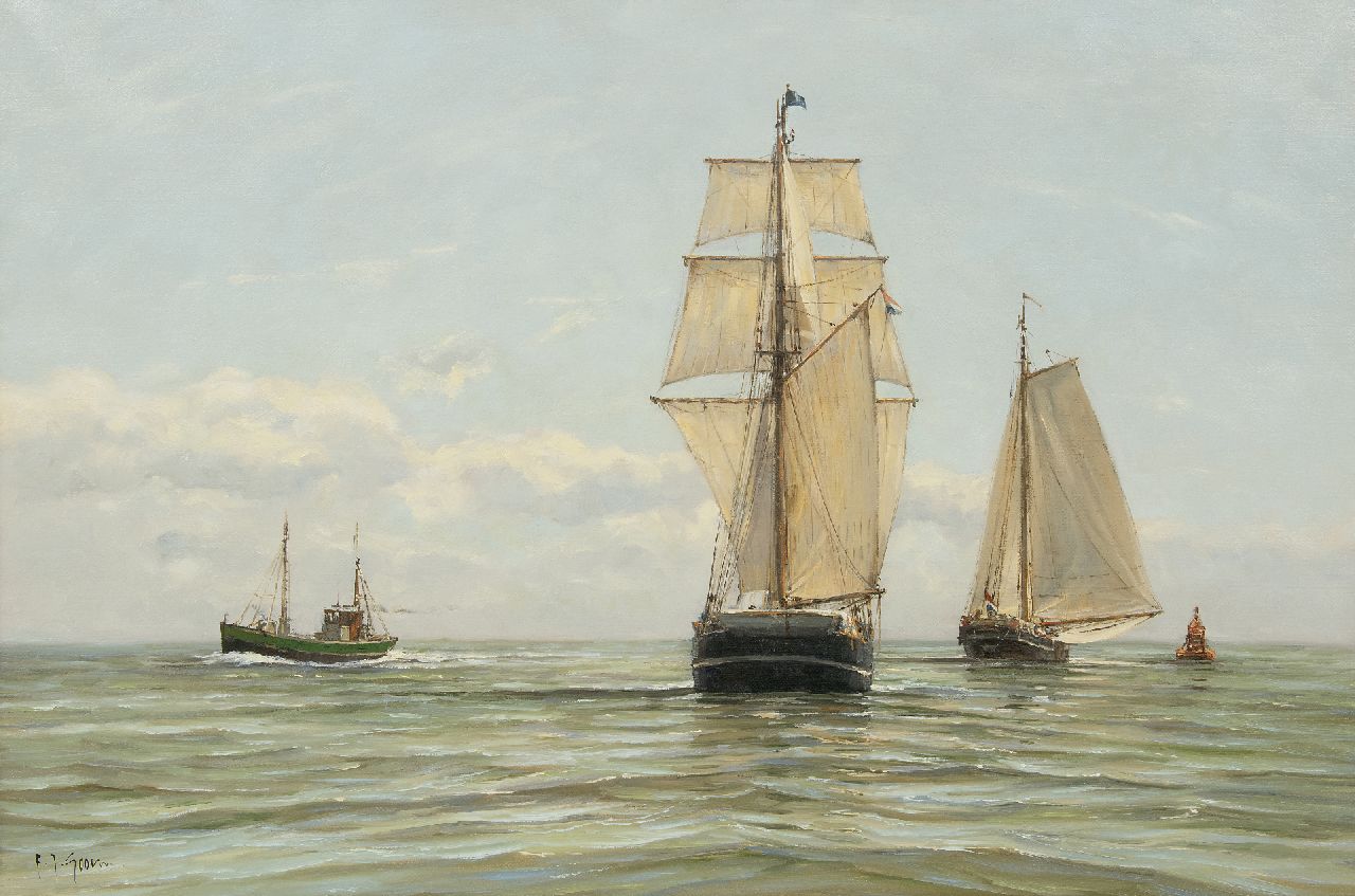 Goosen F.J.  | Frederik Johannes 'Frits' Goosen | Schilderijen te koop aangeboden | Zeilende vrachtschepen en viskotter op zee, olieverf op doek 60,3 x 90,0 cm, gesigneerd linksonder