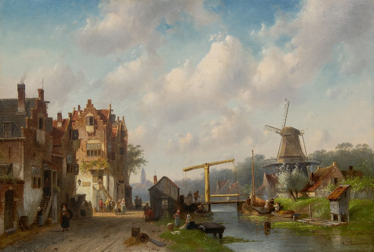 Leickert C.H.J.  | 'Charles' Henri Joseph Leickert | Schilderijen te koop aangeboden | Hollands dorpsgezicht met ophaalbrug, olieverf op doek 77,9 x 114,4 cm, gesigneerd rechtsonder en gedateerd '76