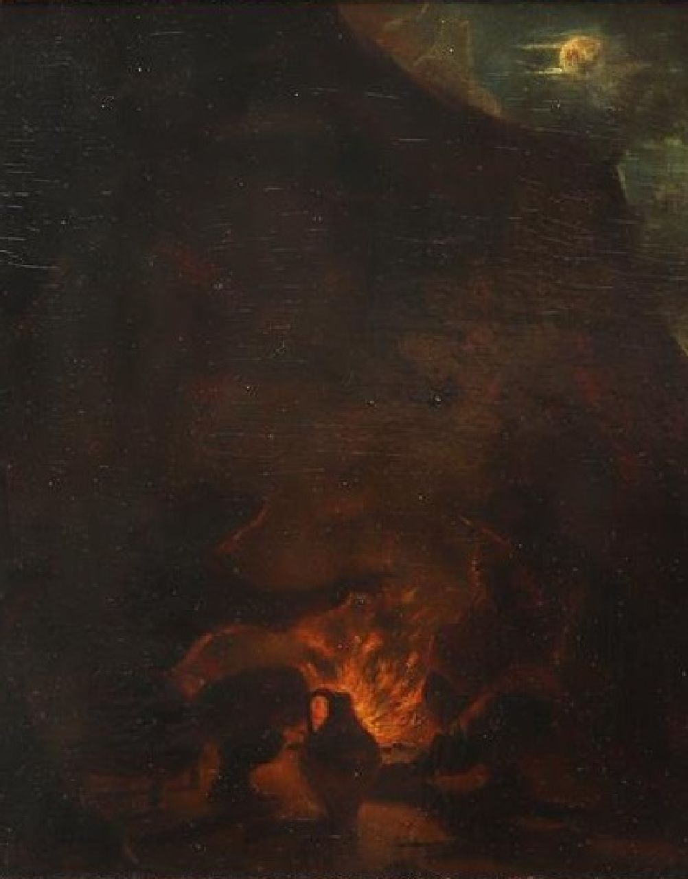 Caspar Augustinus Fischer | Figuren rond nachtelijk kampvuur, olieverf op paneel, 23,0 x 19,3 cm