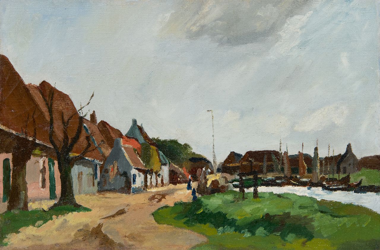 Vuuren J. van | Jan van Vuuren | Schilderijen te koop aangeboden | Stadsgezicht met haven, olieverf op doek 24,4 x 36,4 cm
