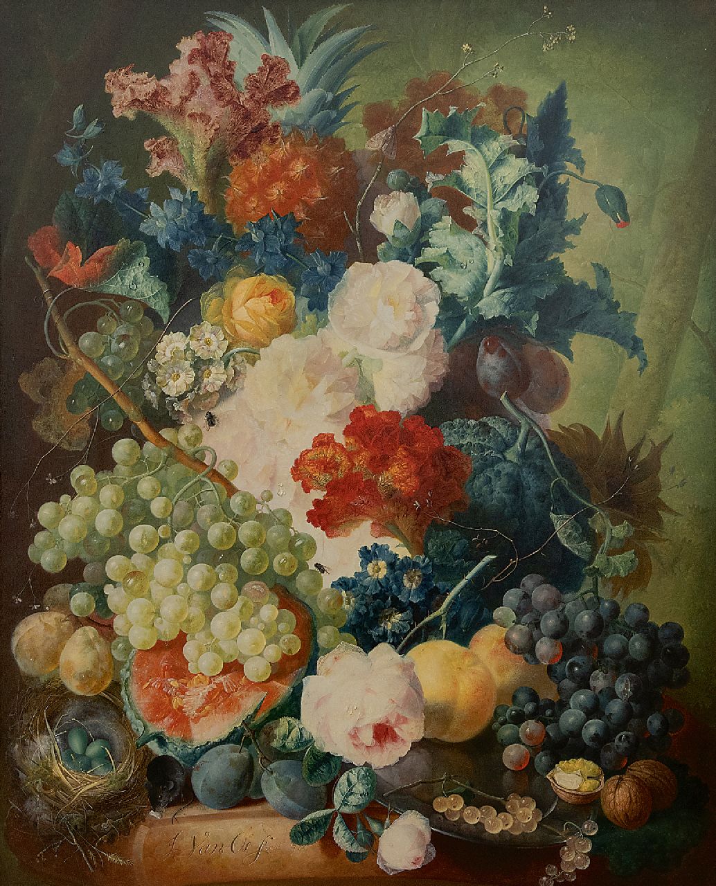 Os J. van | Jan van Os | Schilderijen te koop aangeboden | Bloemstilleven met fruit, een muis en vogelnest, olieverf op paneel 69,7 x 55,1 cm, gesigneerd linksonder en gedateerd 1774