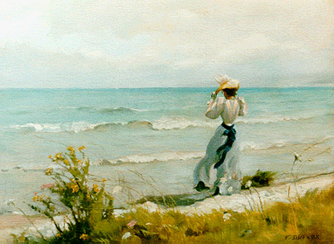Frédéric Dufaux II | Jonge vrouw aan het strand, olieverf op doek, 29,8 x 40,4 cm, gesigneerd r.o.