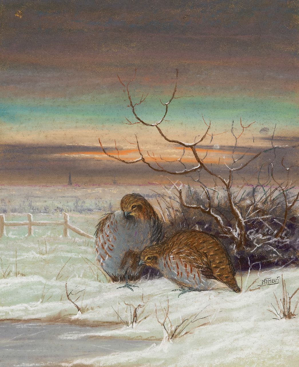 Melis N.J.  | Nicolaas Jan Melis | Aquarellen en tekeningen te koop aangeboden | Kwartels in een sneeuwlandschap, krijt en aquarel op board 48,8 x 41,0 cm, gesigneerd rechts van het midden
