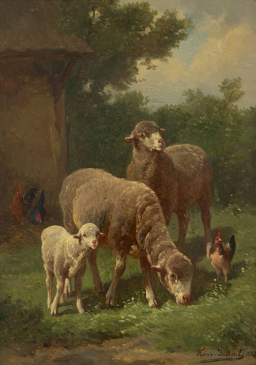 Beul F. de | Frans de Beul | Schilderijen te koop aangeboden | Schapen en lam in de wei  (alleen tezamen), olieverf op paneel 34,1 x 23,8 cm, gesigneerd rechtsonder en gedateerd 1883