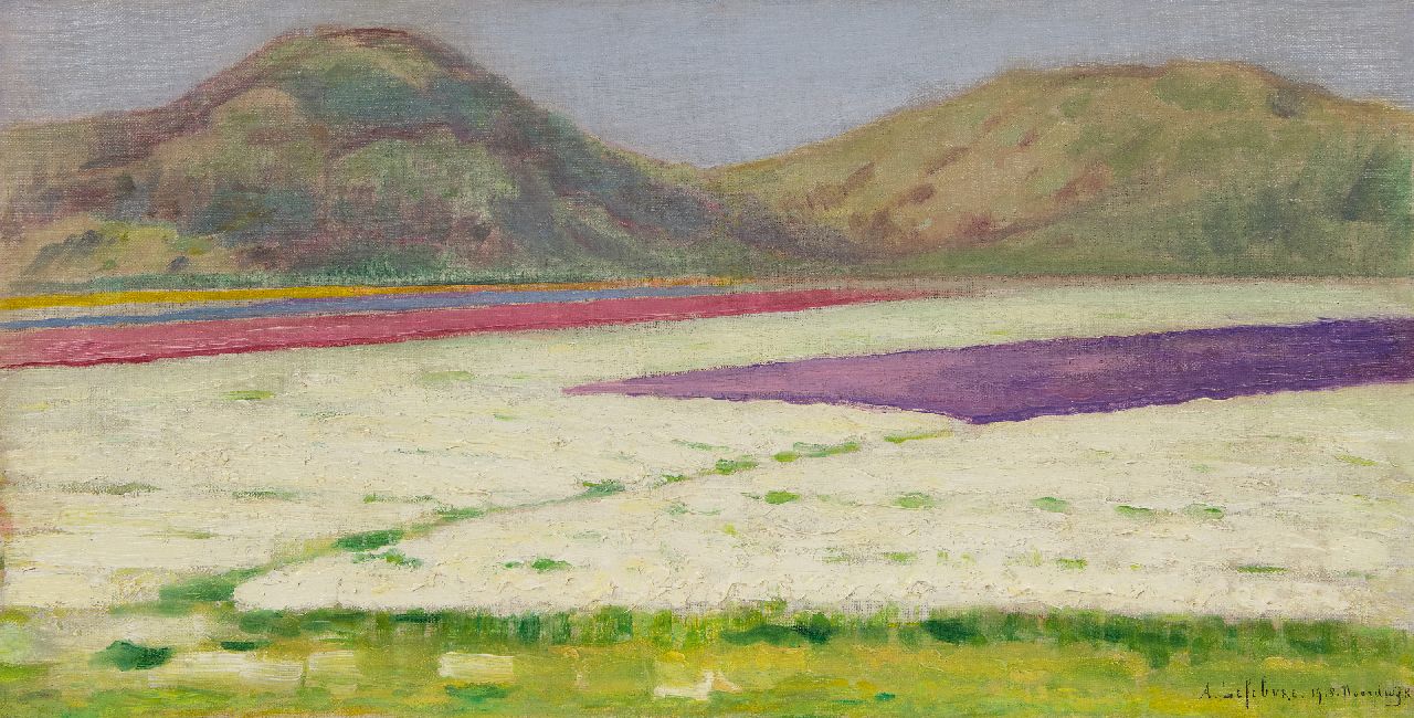 Albert Lefebvre | Bollenvelden bij Noordwijk, olieverf op doek, 32,7 x 62,3 cm, gesigneerd r.o. en gedateerd 1918