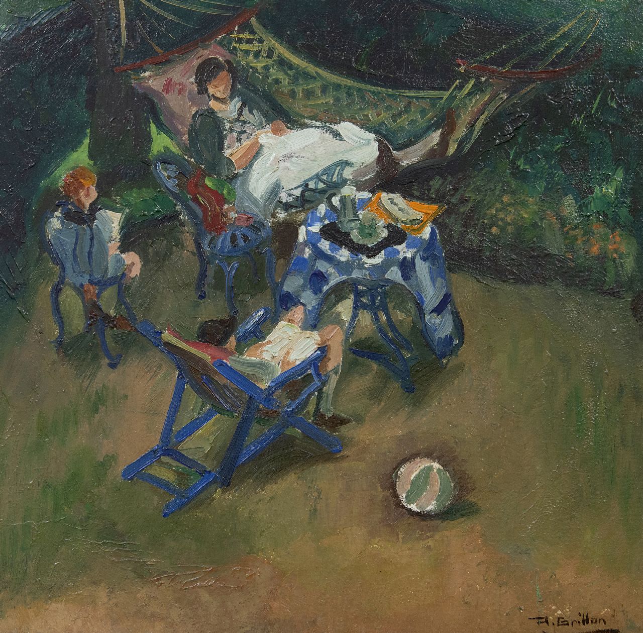 Roger Maurice Grillon | Het gezin van de schilder in de tuin, olieverf op board, 40,8 x 41,0 cm, gesigneerd r.o. en te dateren ca. 1900