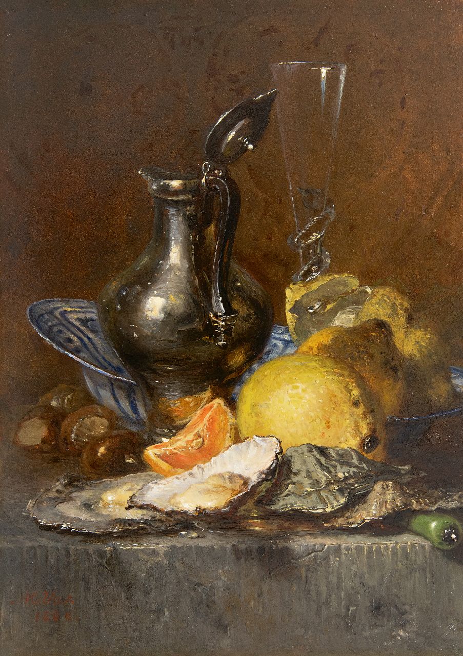 Vos M.  | Maria Vos | Schilderijen te koop aangeboden | Stilleven met oesters, citroenen en zilveren kan, olieverf op paneel 38,6 x 27,6 cm
