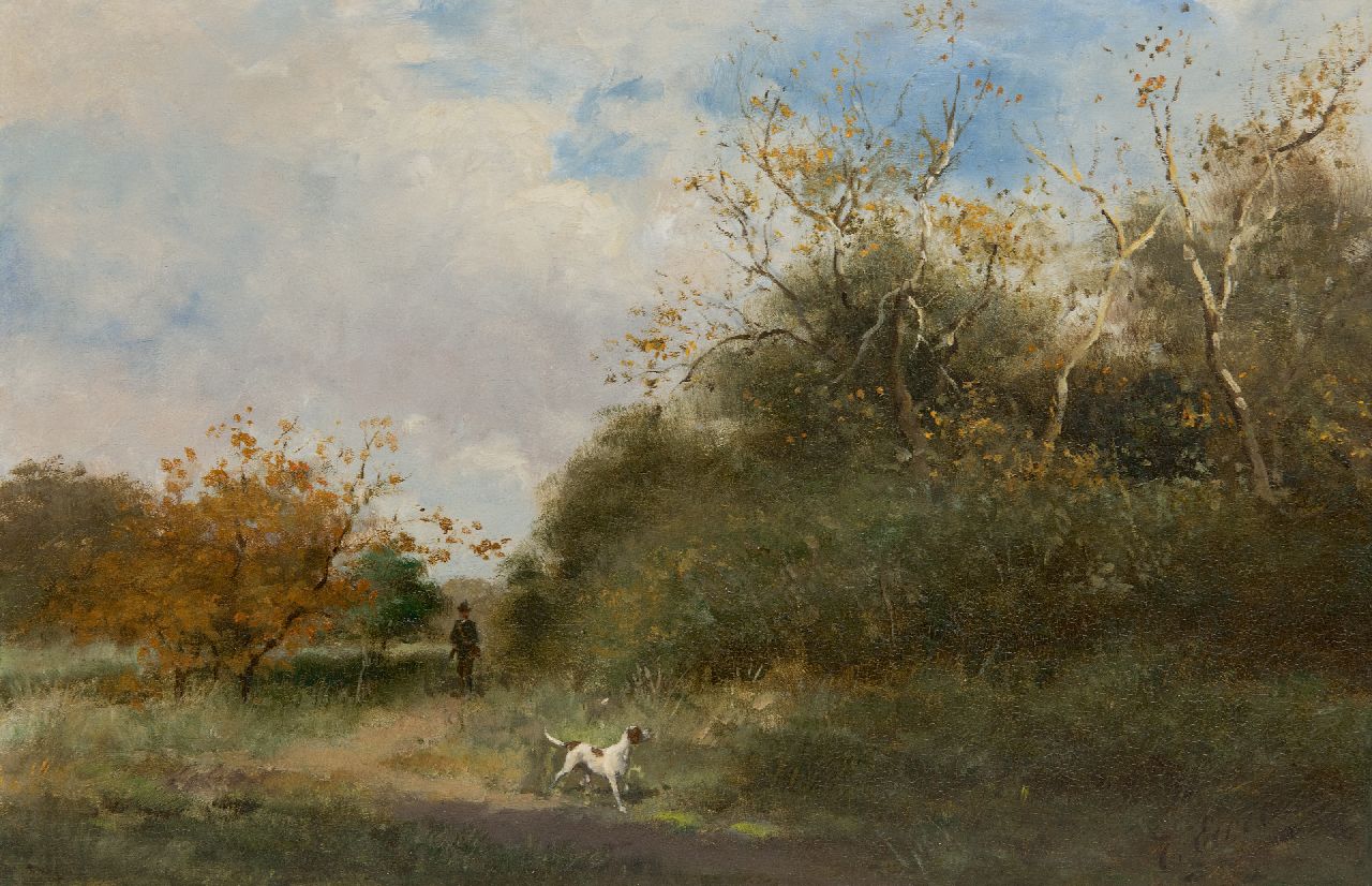 Eerelman O.  | Otto Eerelman | Schilderijen te koop aangeboden | Duinlandschap met jager en zijn hond, olieverf op paneel 25,3 x 38,5 cm, gesigneerd rechtsonder