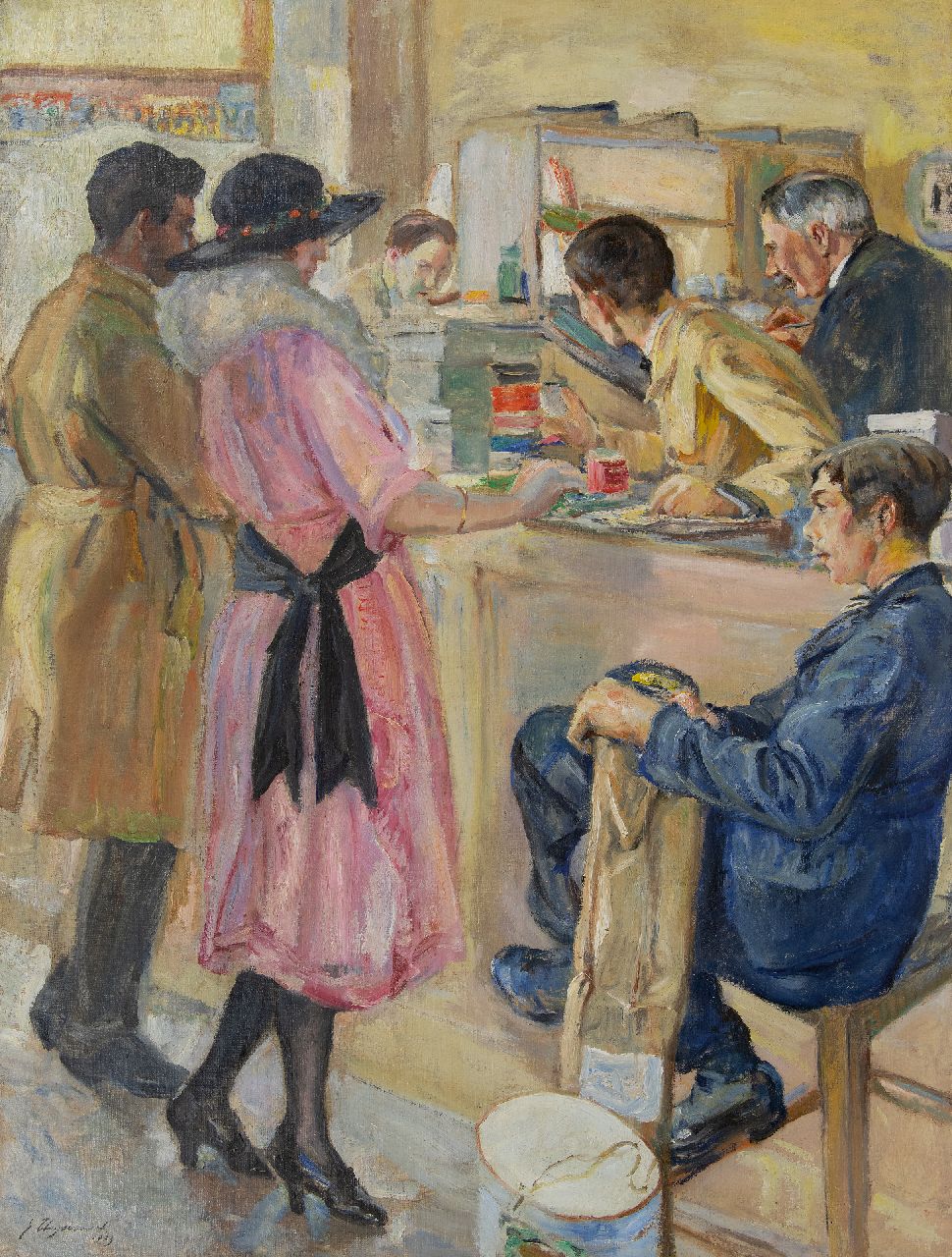 Thysebaert E.  | Emile Thysebaert | Schilderijen te koop aangeboden | In de fourniturenwinkel, olieverf op doek 109,2 x 83,2 cm, gesigneerd linksonder en gedateerd 1903