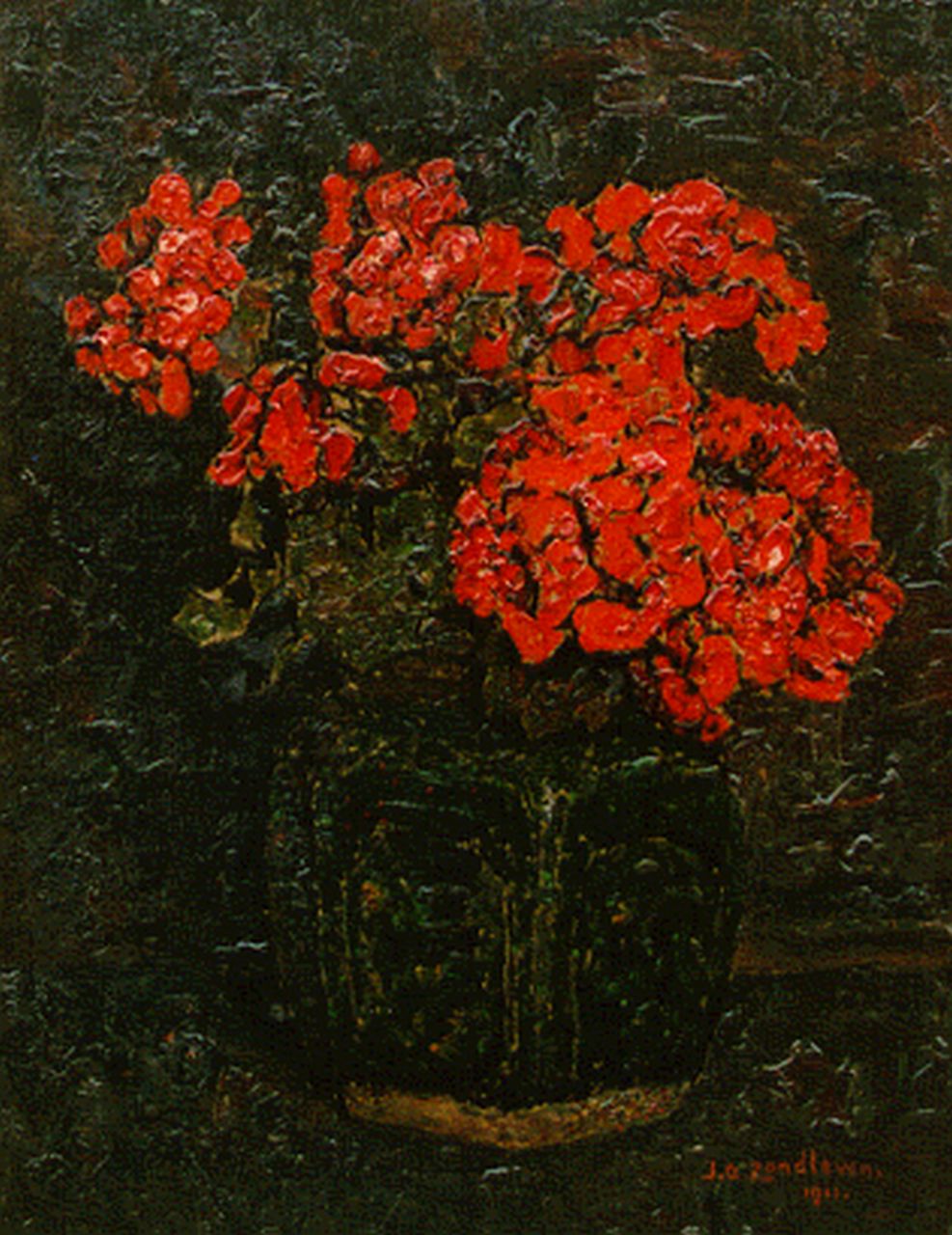 Zandleven J.A.  | Jan Adam Zandleven, Chrysanten in een gemberpot, olieverf op doek op paneel 40,8 x 31,5 cm, gesigneerd rechtsonder en gedateerd 1911