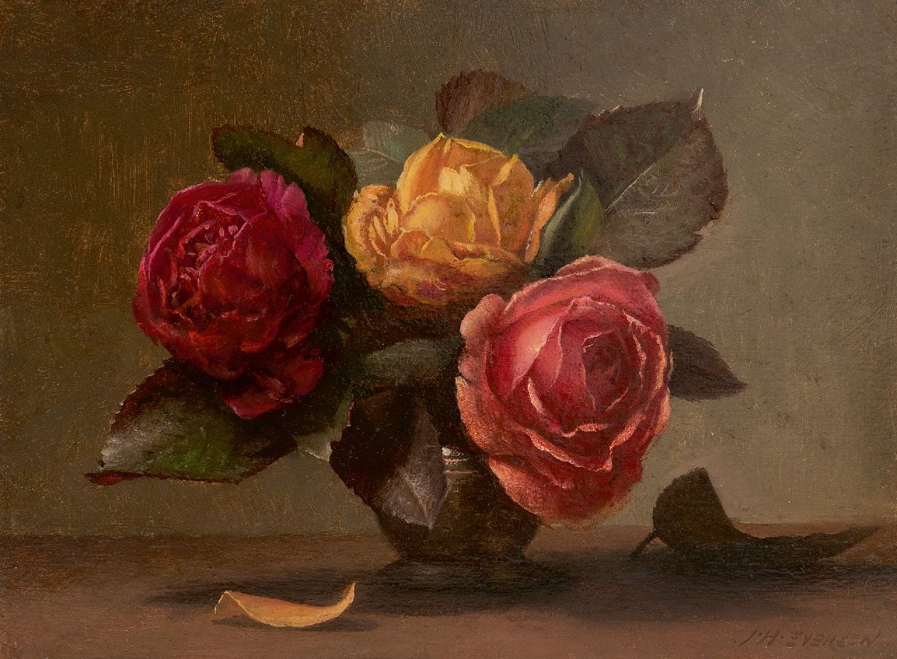 Eversen J.H.  | Johannes Hendrik 'Jan' Eversen | Schilderijen te koop aangeboden | Rozen in een tinnen vaasje, olieverf op paneel 18,2 x 24,1 cm, gesigneerd rechtsonder