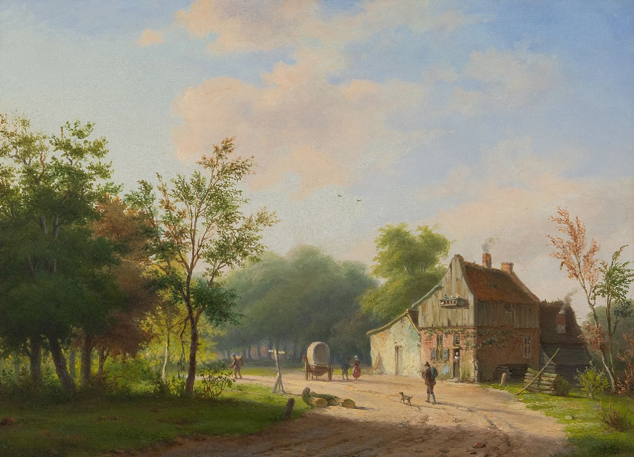 Koekkoek I M.A.  | Marinus Adrianus Koekkoek I | Schilderijen te koop aangeboden | Landweg met boerenhuis en figuren, olieverf op paneel 28,3 x 38,8 cm, gesigneerd middenonder