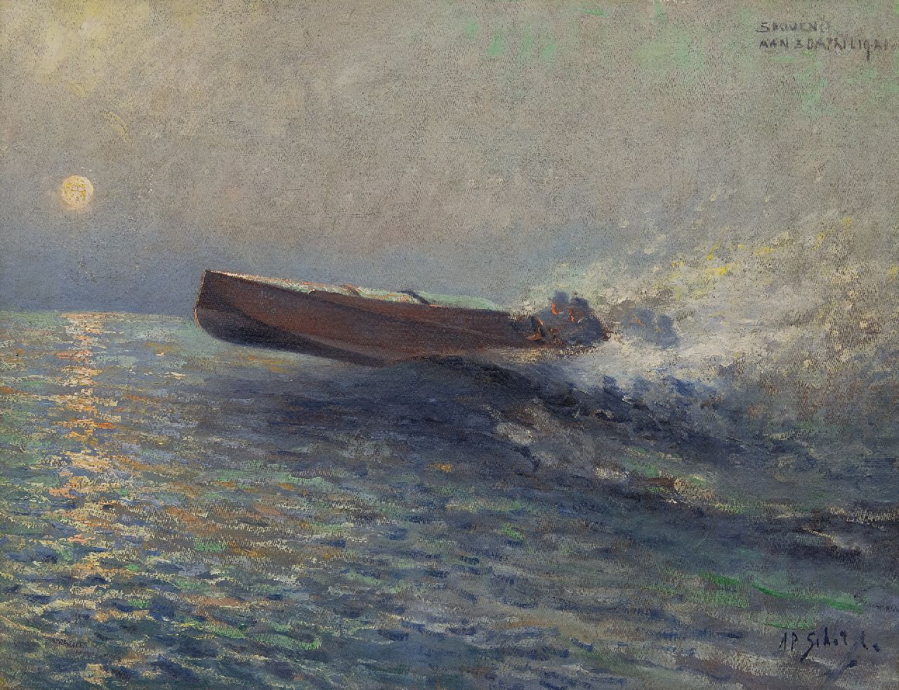 Schotel A.P.  | Anthonie Pieter Schotel, Speedboot op zee bij zonsondergang, olieverf op doek 43,6 x 57,3 cm, gesigneerd rechtsonder