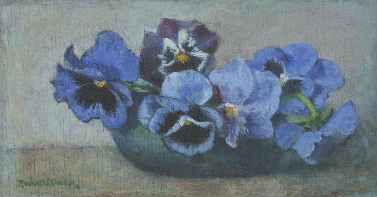 Wandscheer M.W.  | Maria Wilhelmina 'Marie' Wandscheer, Blauwe violen, olieverf op paneel 13,4 x 24,4 cm, gesigneerd linksonder