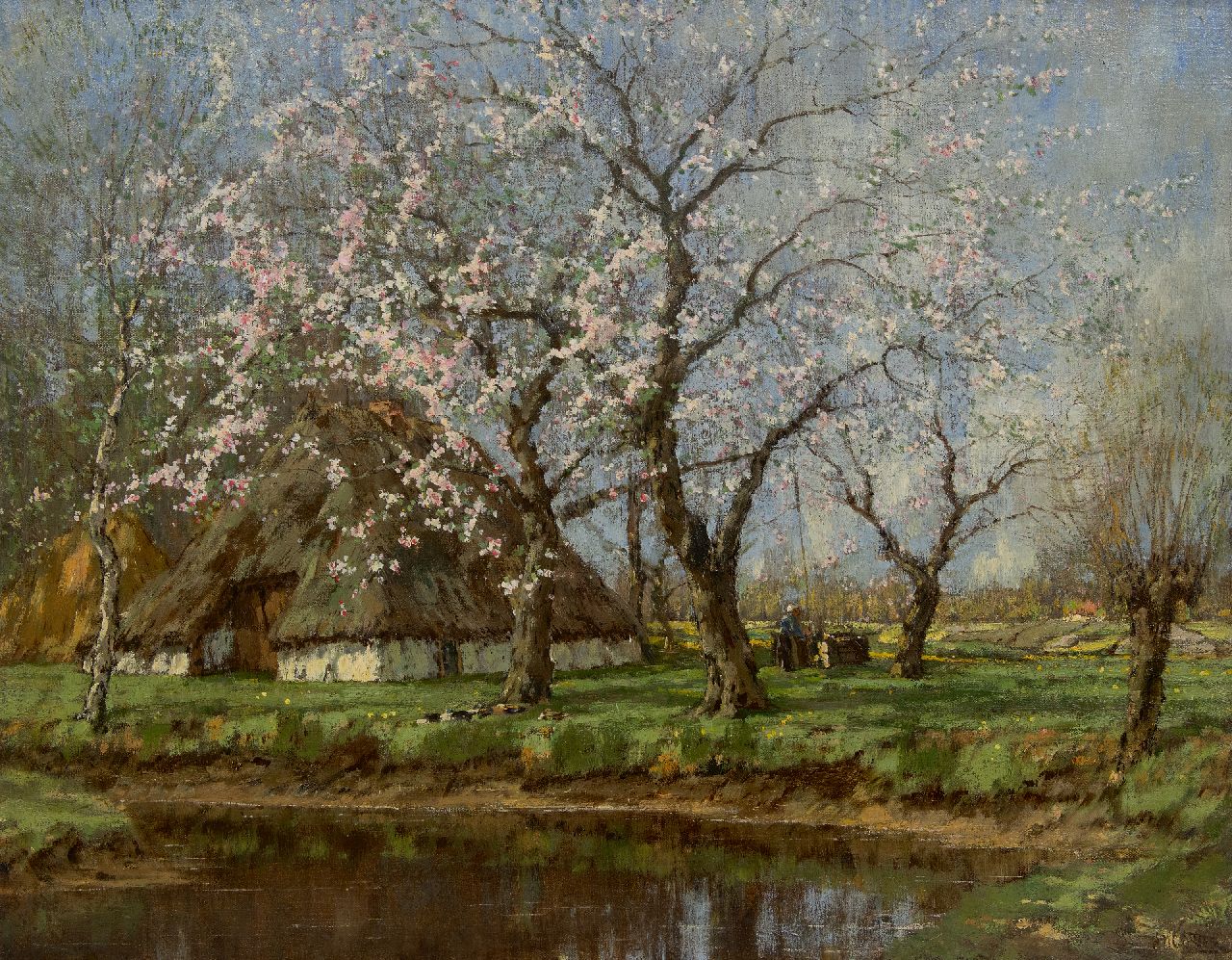 Gorter A.M.  | 'Arnold' Marc Gorter | Schilderijen te koop aangeboden | Voorjaar bij de boerderij met  boerin bij waterpomp, olieverf op doek 62,6 x 79,4 cm, gesigneerd rechtsonder
