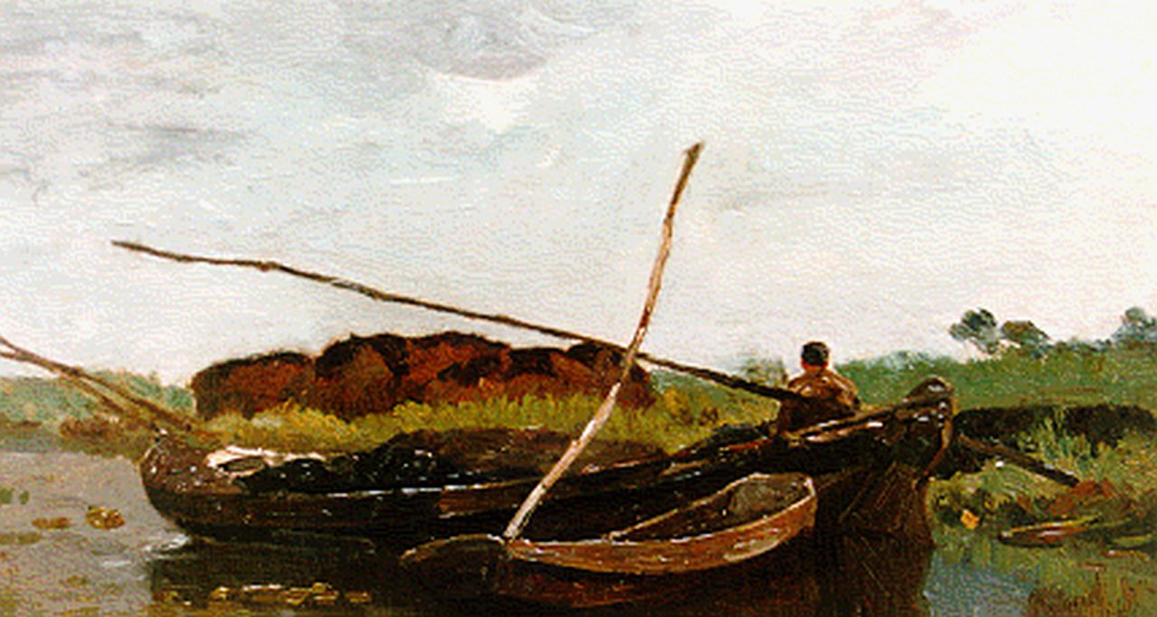 Gabriel P.J.C.  | Paul Joseph Constantin 'Constan(t)' Gabriel, Polderlandschap met platbodem, olieverf op doek op paneel 18,5 x 32,0 cm, gesigneerd rechtsonder