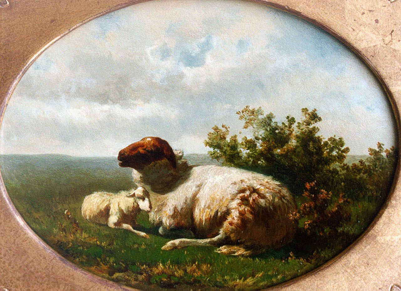Haas J.H.L. de | Johannes Hubertus Leonardus de Haas, Weidelandschap met schaap en lam (pendant), olieverf op paneel 18,0 x 25,4 cm, gesigneerd linksonder monogram