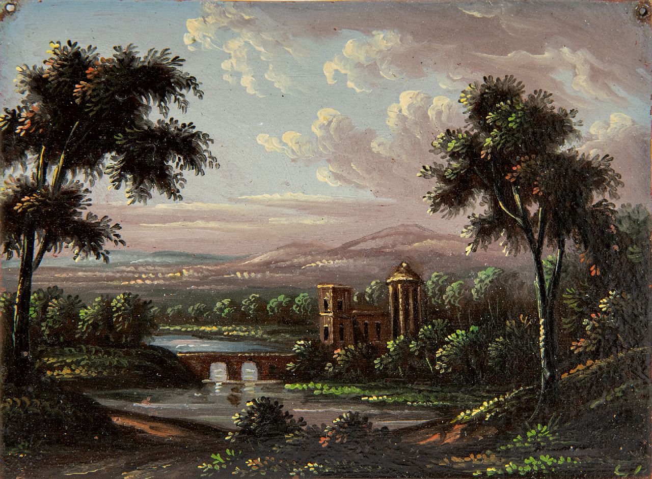 Italiaanse School, 18e eeuw   | Italiaanse School, 18e eeuw | Schilderijen te koop aangeboden | Italianiserend landschap, olieverf op koper 7,0 x 9,0 cm