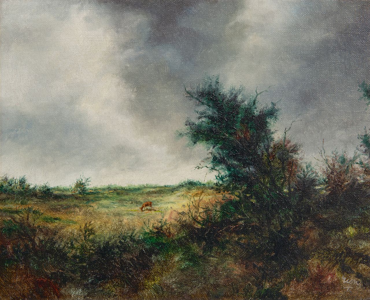 Poortvliet R.  | Rien Poortvliet | Schilderijen te koop aangeboden | Landschap met grazend reetje, olieverf op doek 24,6 x 30,2 cm, gesigneerd rechtsonder